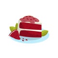 Tasty piece of cake with pomegranate, sweet fruit food dessert vector Illustration on a white background