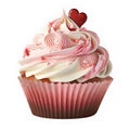 Tasty pink cupcake with a red heart on a white background, illustration ai generative