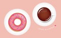 Tasty pink donut and coffee breakfast Royalty Free Stock Photo