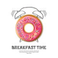 Vector design for breakfast menu, cafe, bakery. Donut and hand drawn alarm clock isolated on white background