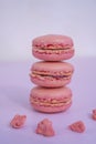 Tasty pink raspberry macarons on light violet background. French homemade dessert with small broken pieces