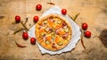 Tasty pizza with bacon and tomatoes. On wooden table. Royalty Free Stock Photo