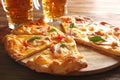 Tasty pizza with beer, closeup Royalty Free Stock Photo