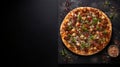 Tasty pizza on black stone with top view, fresh ingredients, and space for text overlay