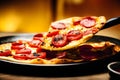 Tasty pizza fresh out of the oven exudes its irresistible aroma, inviting everyone to enjoy a warm slice full of delicious