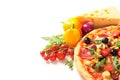 Tasty pizza and ingredients isolated on white Royalty Free Stock Photo