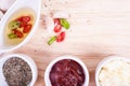 Tasty pizza ingredients on a wooden table. copy space Royalty Free Stock Photo