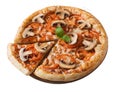 Tasty pizza with meat, mushrooms and tomato isolated Royalty Free Stock Photo