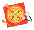 Tasty pizza mushroom. Vector flat illustrations. Food with a top view. European appetizer.