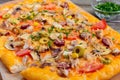 Tasty pizza with mushrooms, chicken, pepperoni, olives, corn cut into pieces. Royalty Free Stock Photo