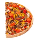 Tasty pizza with mushrooms, corn, cherry tomatos, courgettes and bell peppers or Veggie Vegetarian pizza. Half a pizza isolated on Royalty Free Stock Photo