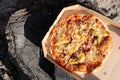 Tasty pizza on a paper box lying on a wooden stump