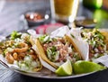 Tasty plate with three authentic mexican tacos Royalty Free Stock Photo