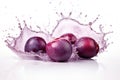 Tasty plums are splashing into the water. Generative AI.