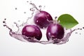 Tasty plums are splashing into the water. Generative AI.