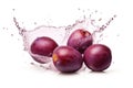 Tasty plums are splashing into the water. Generative AI.