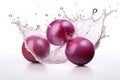 Tasty plums are splashing into the water. Generative AI.