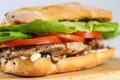 Tasty pork steak sandwich in a ciabatta with tomatos, lettuce Royalty Free Stock Photo