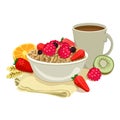 Tasty porridge with berries in a bowl, cup of coffee, raspberries, kiwi, orange