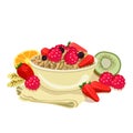 Tasty porridge with berries in a bowl, cup of coffee, raspberries, kiwi, orange and ears. Breakfast on napkin. Health food vector