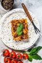 Tasty portion of Italian meat lasagna with melted mozzarella. Gray background. Top view Royalty Free Stock Photo
