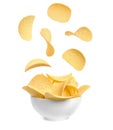 Tasty potato chips falling into blow