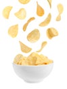 Tasty potato chips falling into blow Royalty Free Stock Photo