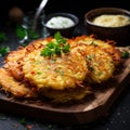 Tasty Potato pancakes with sour cream on wooden desk on black background. Belarusian, russian tradiional cuisine.