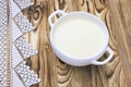 Tasty potato soup and crochet napkin on rustic wooden table. Traditional lunch or dinner. Potato and onion vegan, vegetarian healt Royalty Free Stock Photo