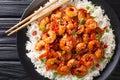 Tasty prawns with garlic, chili, sesame seeds and green onions served with rice close-up in a plate. Horizontal top view
