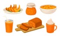 Tasty Pumpkin Dishes Collection, Jam Jar, Fruitcake, Porridge, Spicy Whipped Latte, Traditional Thanksgiving Food Vector