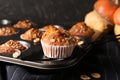 Tasty pumpkin muffin with sunflower seeds on baking form Royalty Free Stock Photo