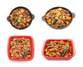 Tasty ratatouille in baking dishes isolated on white, top and side views. Collage design Royalty Free Stock Photo