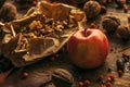 Tasty red apple and walnut fruit Royalty Free Stock Photo