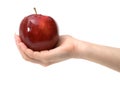 Tasty red apple in woman's hand on white, isolated Royalty Free Stock Photo