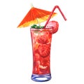 Tasty refreshing cold cocktail with strawberry, isolated, watercolor illustration Royalty Free Stock Photo