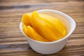 Tasty ripe appetizing mango on  plate on the table Royalty Free Stock Photo