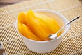 Tasty ripe appetizing mango on  plate on the table Royalty Free Stock Photo