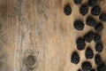 Tasty ripe blackberries on wooden table, top view