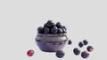 Tasty and ripe plums isolated on a white, Java plum Indian blackberry Jamun fresh berries in ceramic bowl