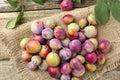 Tasty ripe plums on wooden table, flat lay Royalty Free Stock Photo