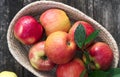 Ripe red and yellow apples on table close up Royalty Free Stock Photo