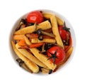 Tasty roasted baby corn with tomatoes and mushrooms isolated on white, top view Royalty Free Stock Photo