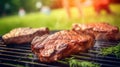 Tasty roasted steak on a flaming grill in the backyard Royalty Free Stock Photo
