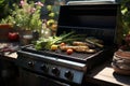 Tasty roasting meat beef steak with healthy grilled vegetables BBQ grid grilling stripes picnic celebration barbecue Royalty Free Stock Photo