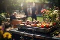 Tasty roasting meat beef steak with healthy grilled vegetables BBQ grid grilling stripes picnic celebration barbecue Royalty Free Stock Photo