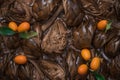 Tasty roman style backed artichokes with Kumquat, flat lay