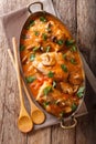 Tasty rustic French food: chicken with mushrooms stewed in sauce
