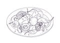 Tasty salad on plate hand drawn with contour lines on white background. Delicious restaurant veggie meal made of fruits