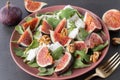 Tasty salad with sliced figs, crushed soft goat cheese, walnut and fresh arugula leaves on red plate closeup and golden fork